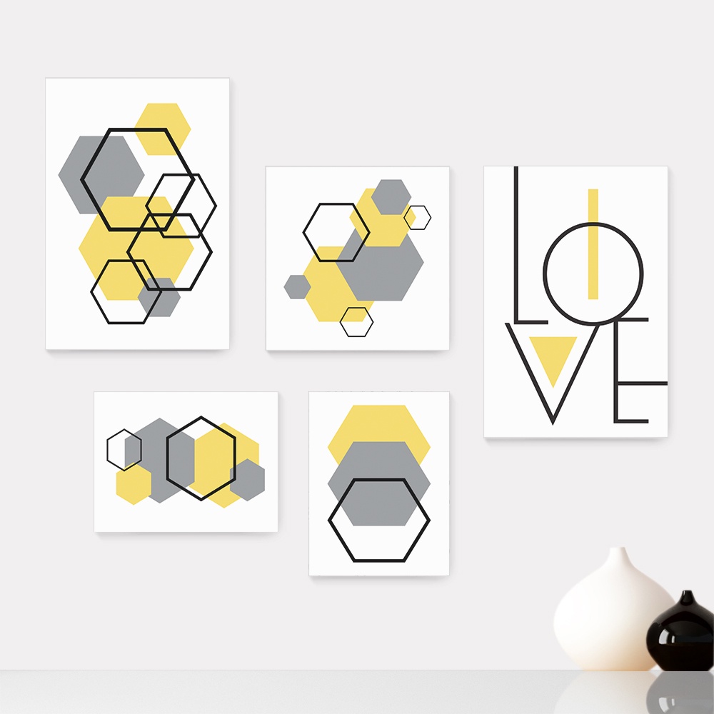 Kit 5 Quadros Decorativos Placas - Abstrato Formas Geométricas Hexágono Love Casa Quarto Sala - 388ktpl5