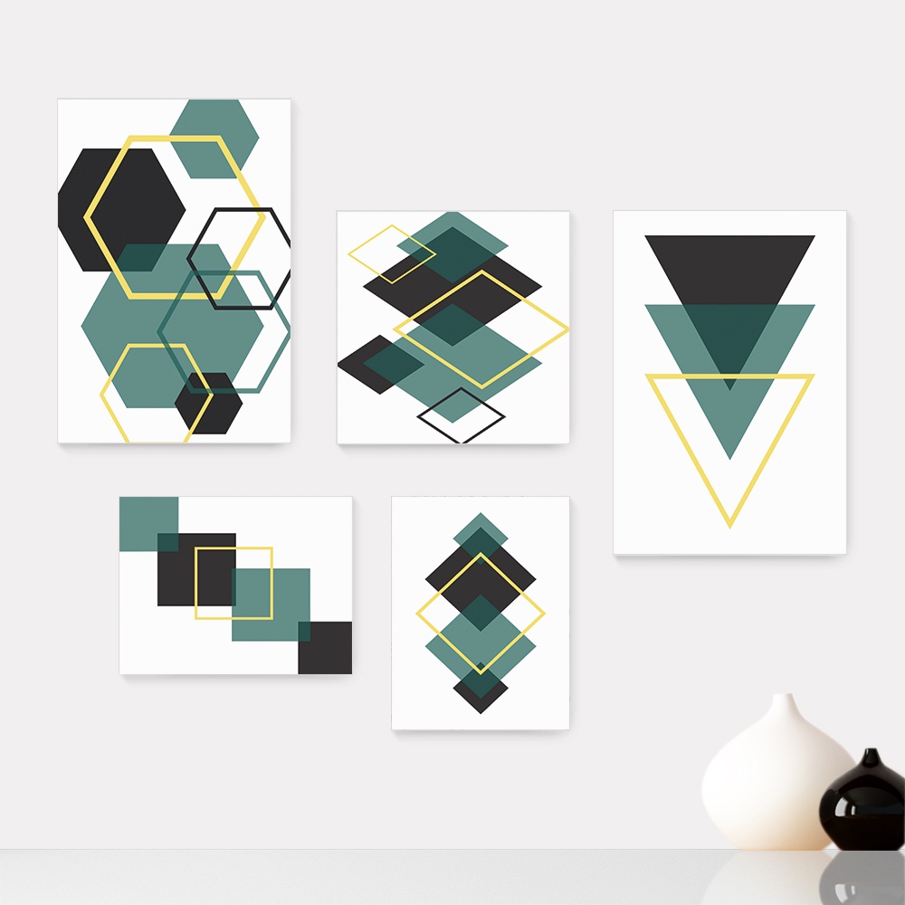 Kit 5 Quadros Decorativos Placas - Abstrato Formas Geométricas Casa Quarto Sala - 390ktpl5
