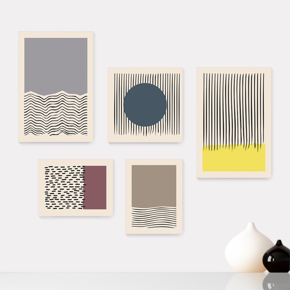 Kit 5 Quadros Decorativos Placas - Abstrato Formas Geométricas Linhas Casa Quarto Sala - 394ktpl5