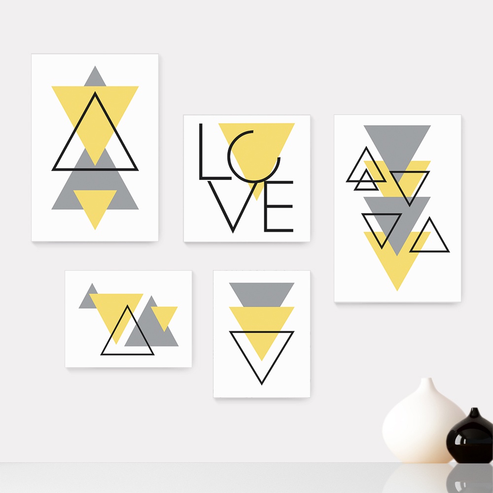 Kit 5 Quadros Decorativos Placas - Abstrato Formas Geométricas Triângulo Love Casa Quarto Sala - 387ktpl5