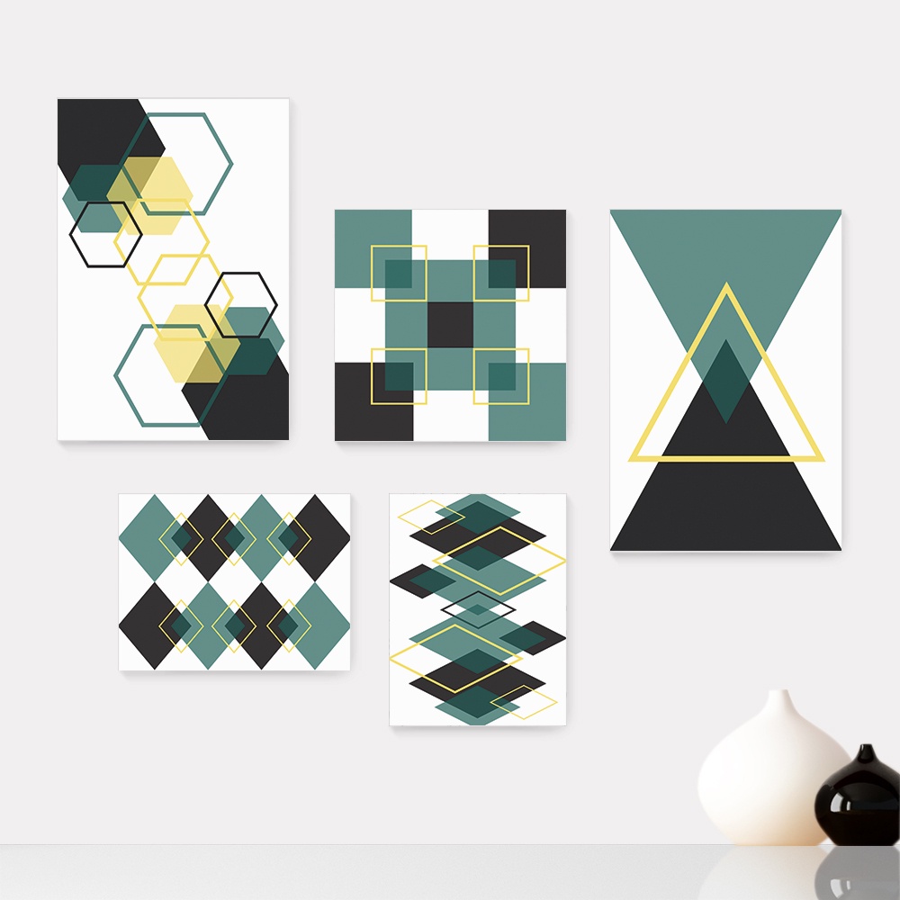 Kit 5 Quadros Decorativos Placas - Abstrato Formas Geométricas Casa Quarto Sala - 391ktpl5
