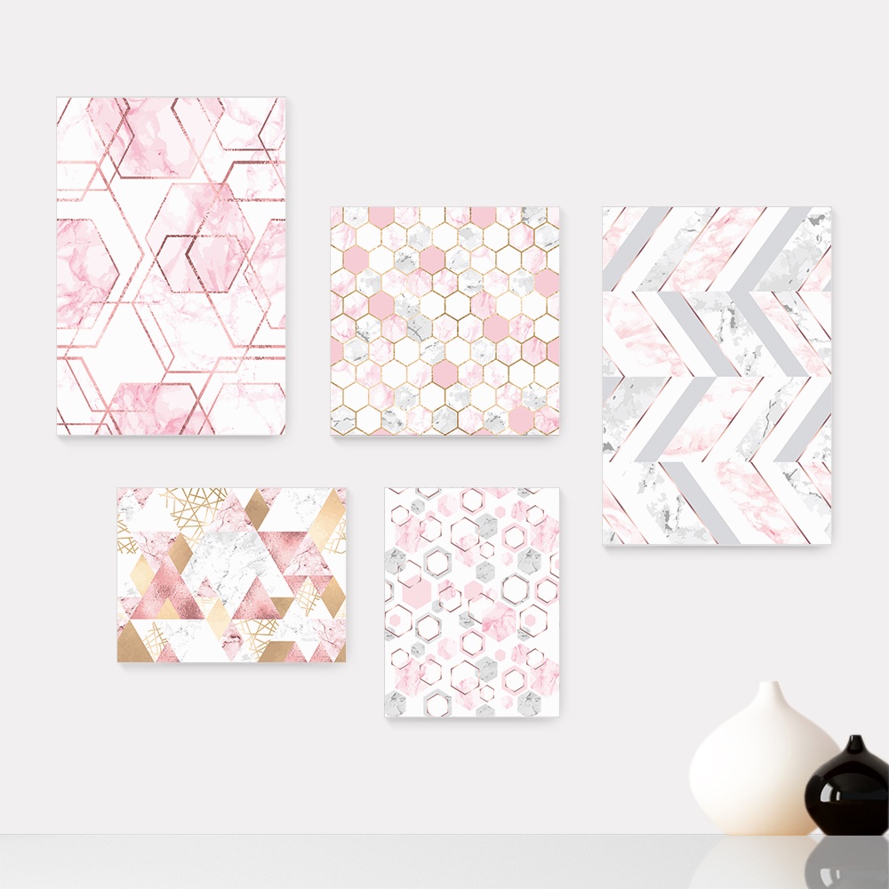 Kit 5 Quadros Decorativos Placas - Abstrato Formas Geométricas Rosa Casa Quarto Sala - 395ktpl5