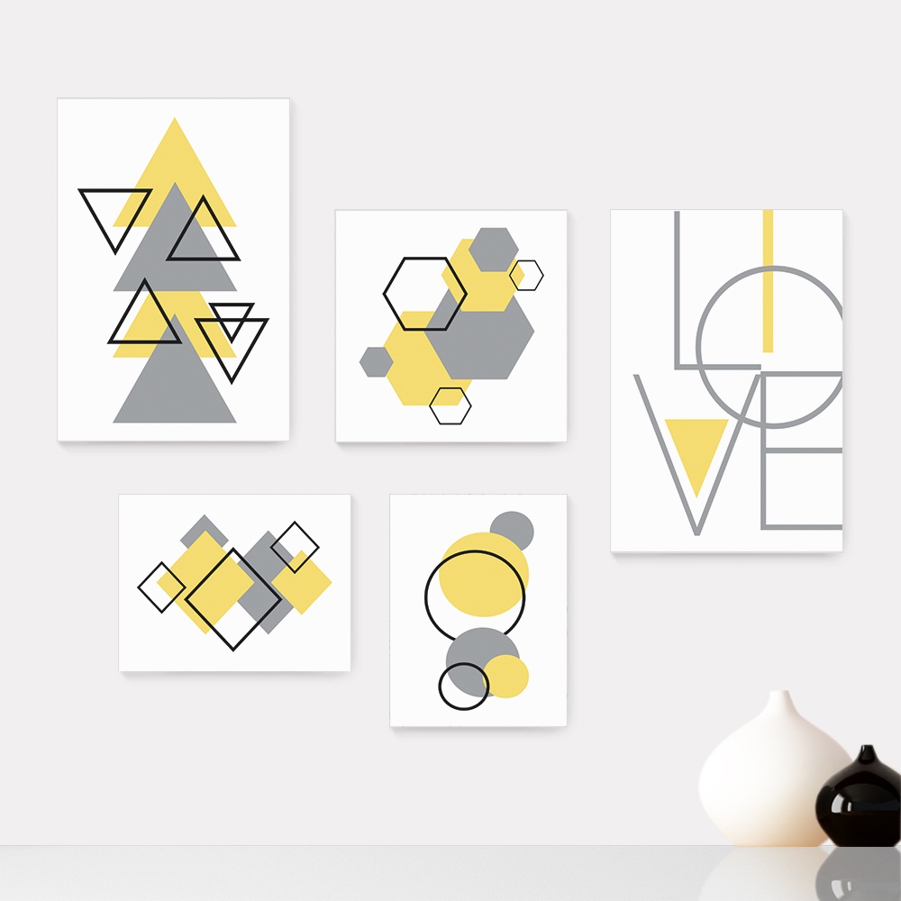 Kit 5 Quadros Decorativos Placas - Abstrato Formas Geométricas Love Casa Quarto Sala - 385ktpl5