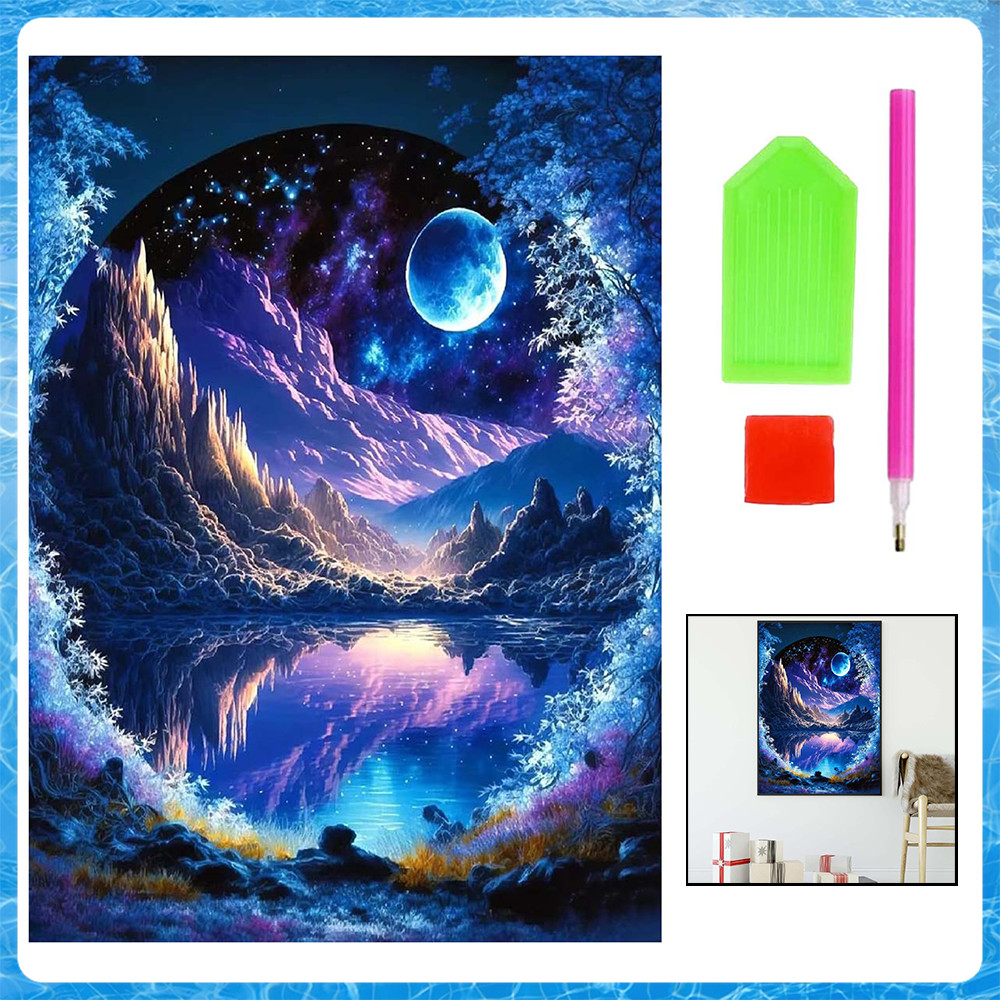 Pintura Diamante 5D DIY Paisagem Lua Azul 40x30cm Decoração Grande Parede com Ferramentas