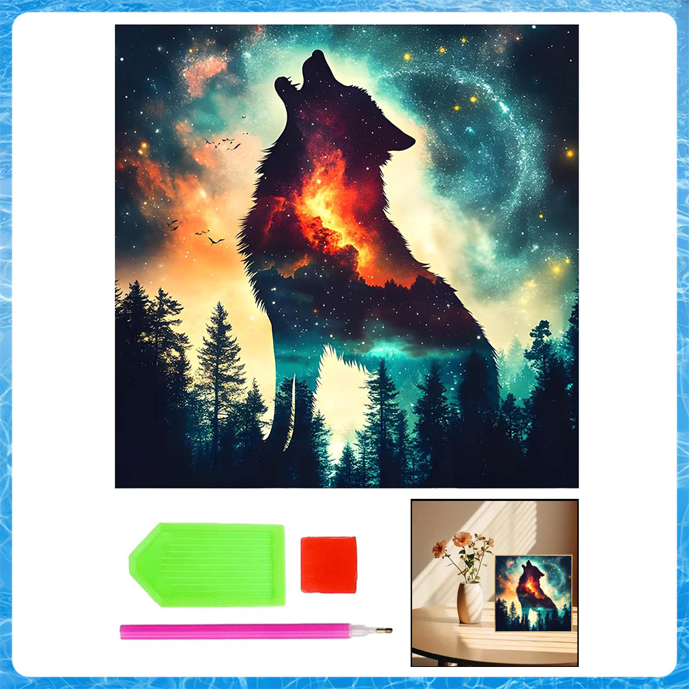 Pintura de Diamante 5D Tema Lobo à Noite 30x30cm – Arte Terapêutica, Melhora Concentração, Alivia Ansiedade, Relaxante