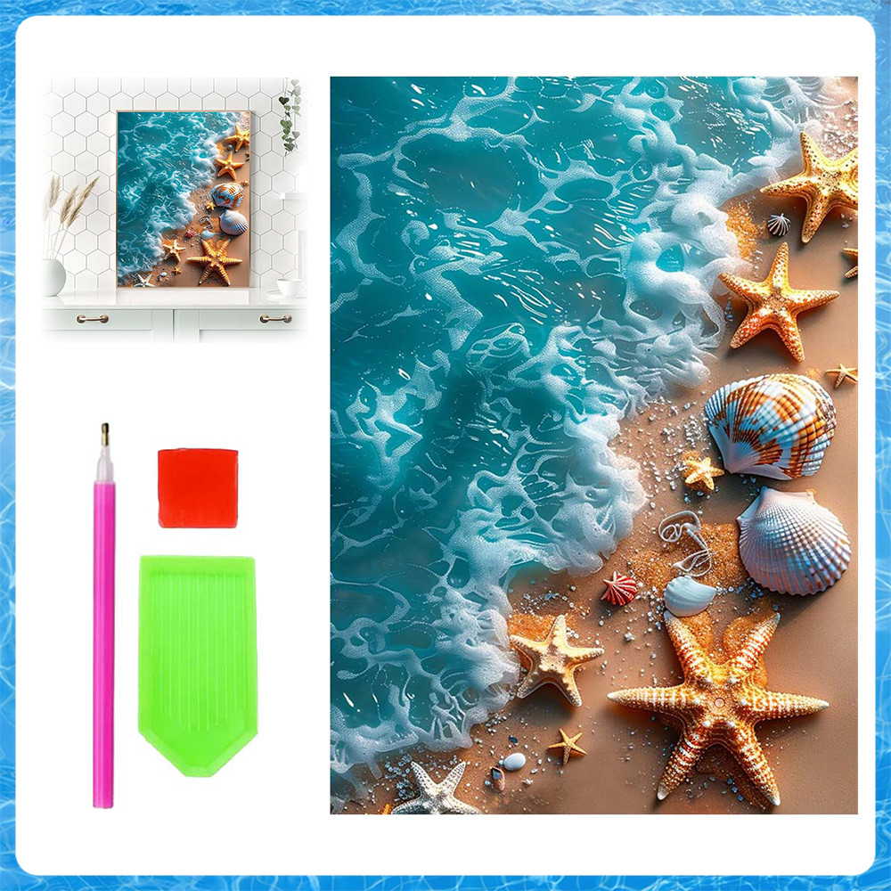 Pintura de Diamante 5D Tema Concha e Onda Rasa 40x30cm – Conjunto DIY com Ferramentas, para Iniciantes e Amantes