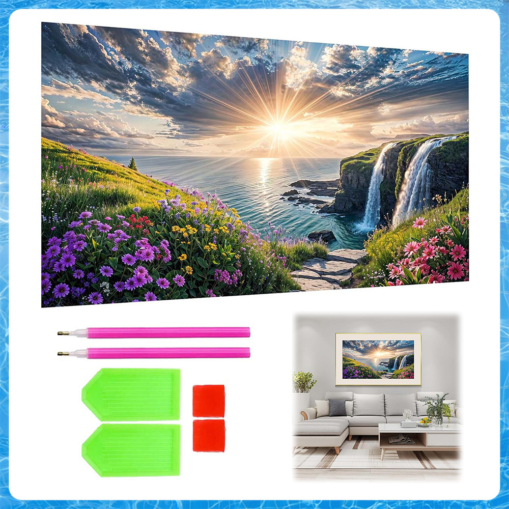 Pintura de Diamante 5D Tema Nascer do Sol à Beira-mar 70x40cm – Melhora Concentração, Alivia Ansiedade, Não Desbota