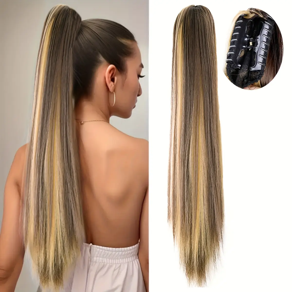 APLIQUE De Cabelo MESCLADO Longo E LISO Com Presilha De Garra 55,88 Cm. Aplique De Cabelo Sintético