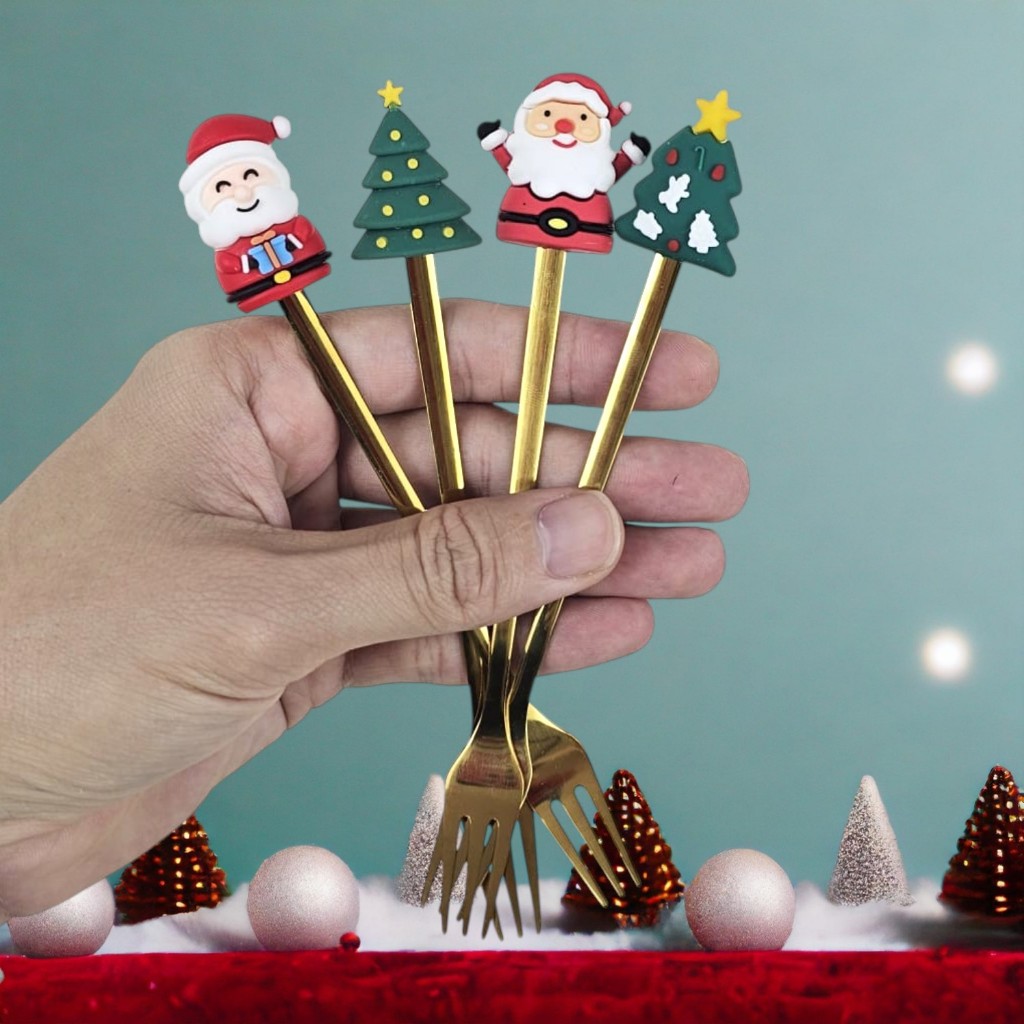 Garfos Natalinos 2Pcs Para Petiscos Papai Noel Inox 17cm