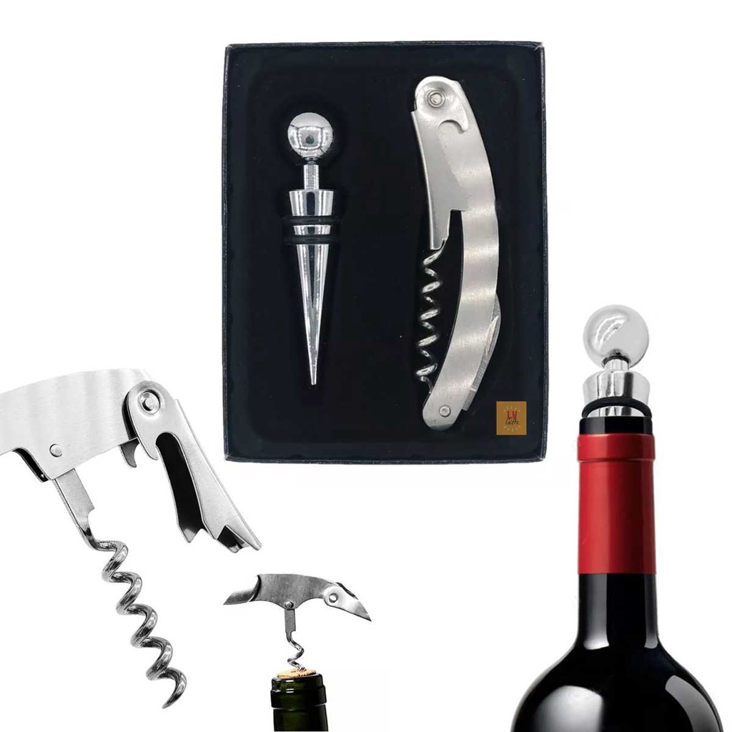 Kit Vinho 2pç Abridor Saca Rolha Tampa Veda Garrafa Aço Inox
