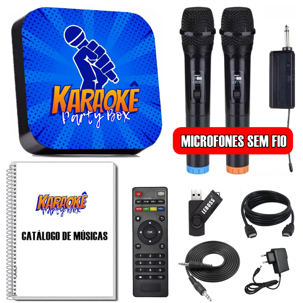 Karaoke Party Box Profissional Azul +2 Microfone Sem Fio +Catalogo Impresso +de 2000 Músicas Jukebox