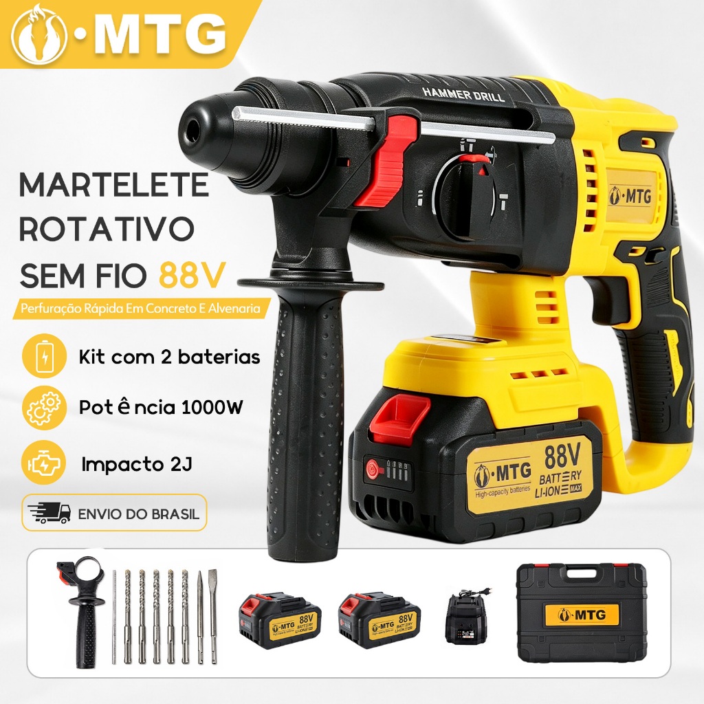 Multifunctional electric hammer, Impact drill，1000-watt brushless motor, 4500 bpm, 2 x 88V batteries