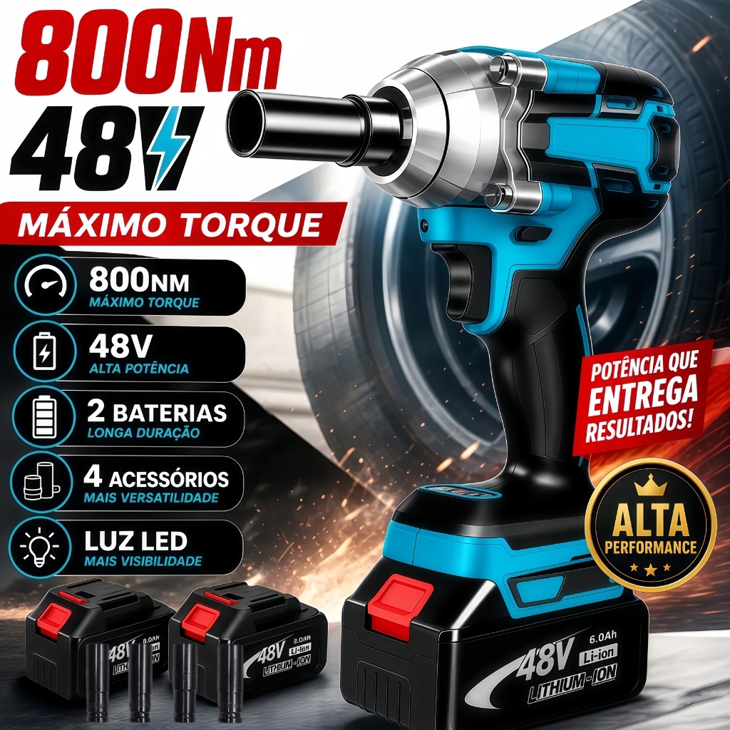 800NM Cordless Electric Impact Wrench with 2 48V Batteries Brushless Motor Complete Kit Accessories