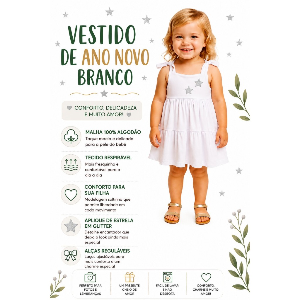 Vestido infantil branco de alcinha Ano Novo Praia para bebê de 3 meses a meninas de 3 anos modelo princesa
