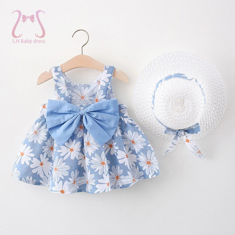 Novo Conjunto de Vestidos Margarida para Bebês Meninas - 2 Peças com Chapéu para Praia de Verão, Tamanho de 0 a 3 Anos.