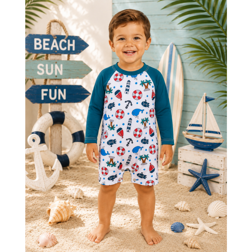Macacão Infantil UV50+ Praia Menino Manga Longa com Fecho de pressão - Proteção Solar 2 a 6 Anos