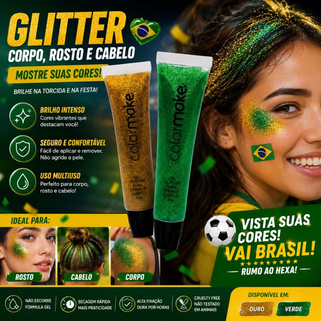 Glitter Verde e Amarelo Copa do Mundo Brilho Intenso Para Rosto Corpo e Maquiagem Brasil 2 Bisnagas