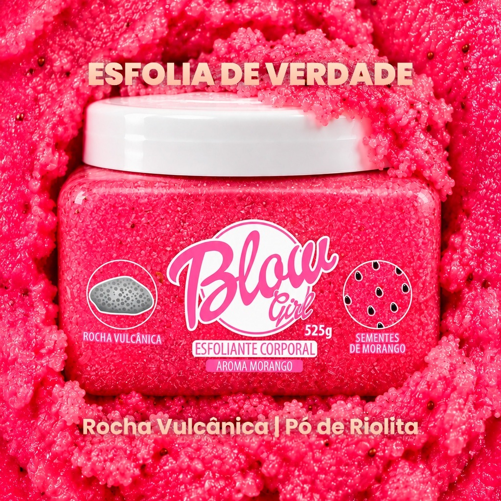 Esfoliante Corporal Gel Morango 525g Virilha e Axila Pelos Encravados Rocha Vulcânica Riolita Glitter Blow Girl