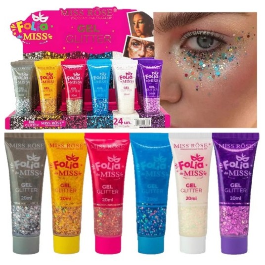 Gel Glitter Miss Rose Folia da Miss 20ml | Corpo e Rosto | Brilho Intenso Carnaval