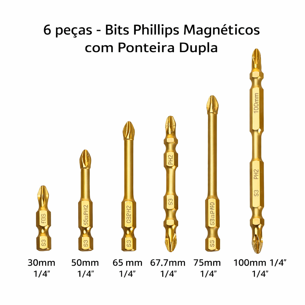 Kit Bits Phillips Magnéticos Aço Liga De Alta dureza 6 Peças Ponteira Dupla 100mm e 65mm