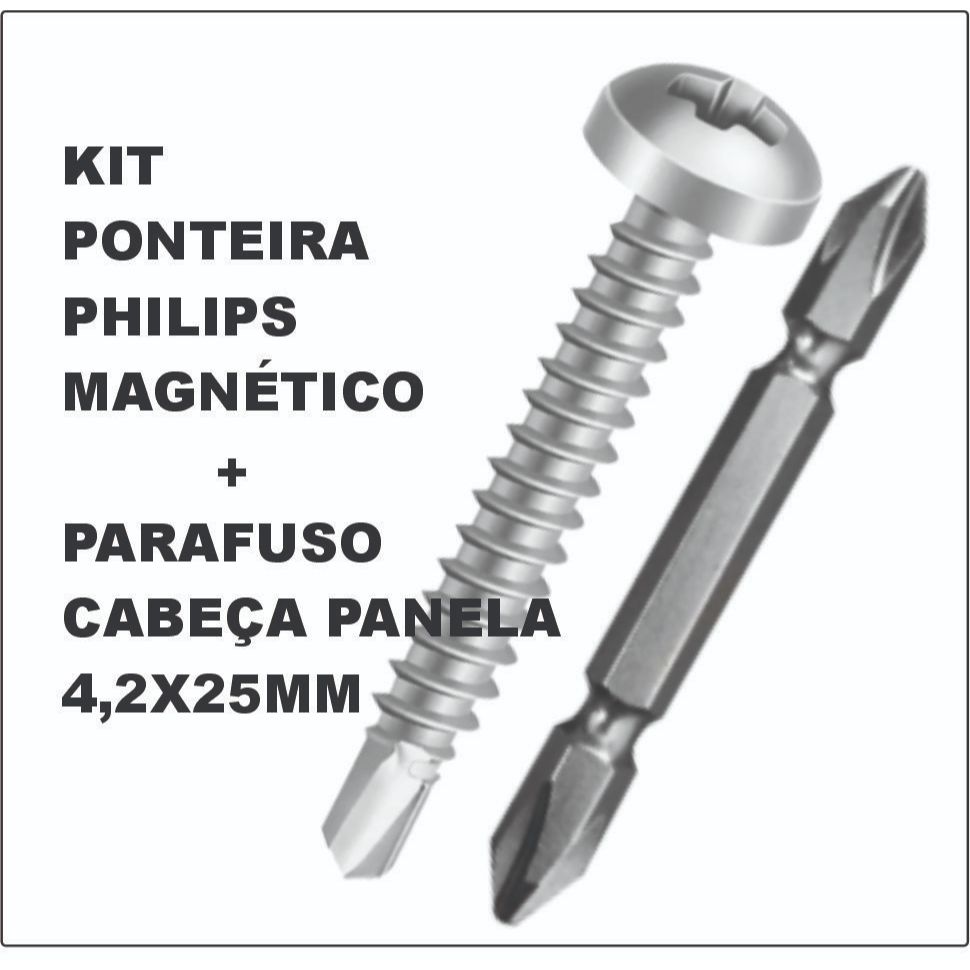 KIT Parafuso Zincado Cabeça Panela Philips Ponta Broca + Ponteira Phillips Magnético Duplo 100mm