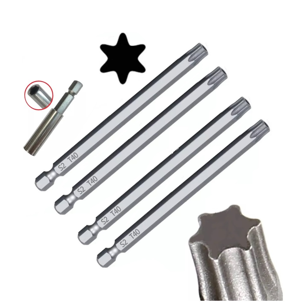 4 Pontas Bits Torx T40 100mm Suporte Prolongador Magnético 1/4 x 60mm