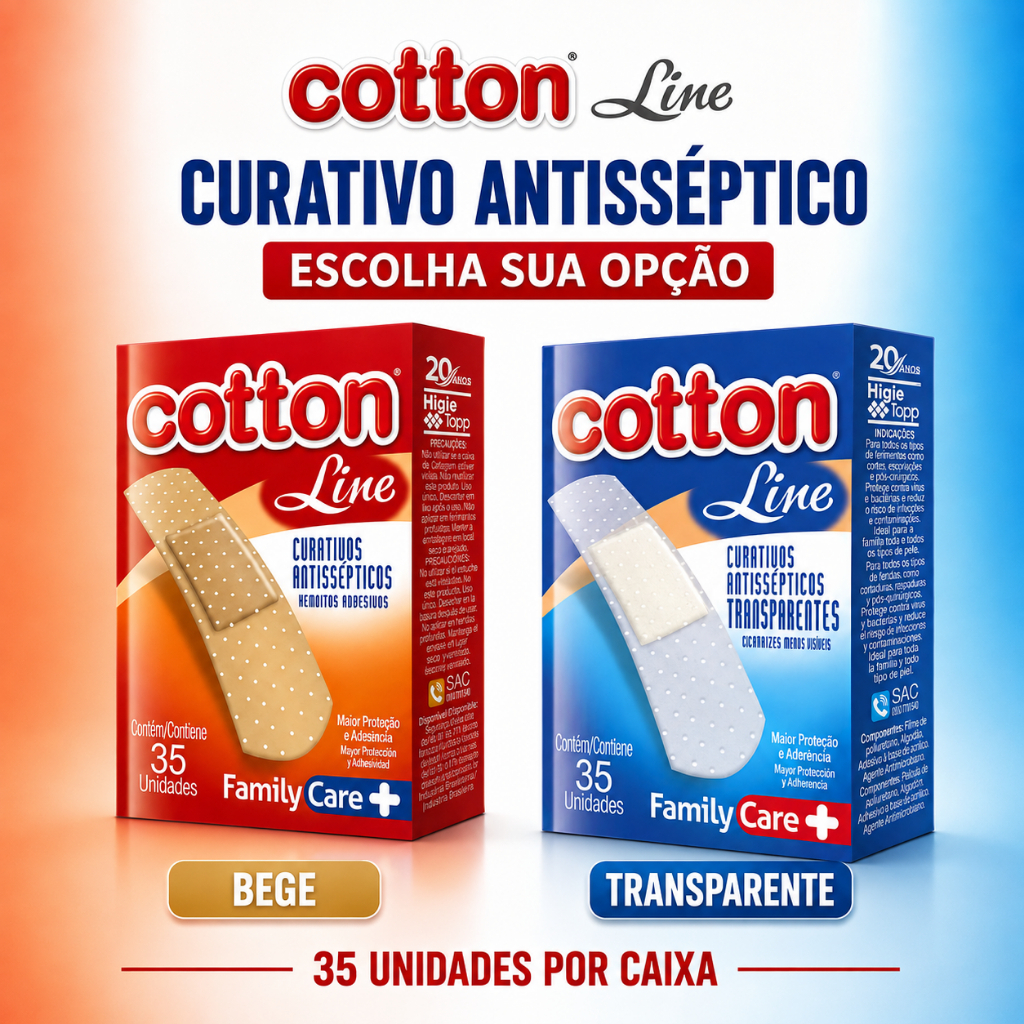 Curativo Antisséptico Cotton Line Dia a Dia Family Care Bege ou Transparente - Caixa 35 Unidades