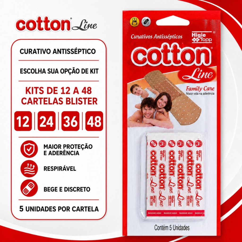 Curativo Antisséptico Cotton Line Dia a Dia Family Care Bege - Blister 5 Unidades Kits com 12, 24, 36 ou 48 Blister