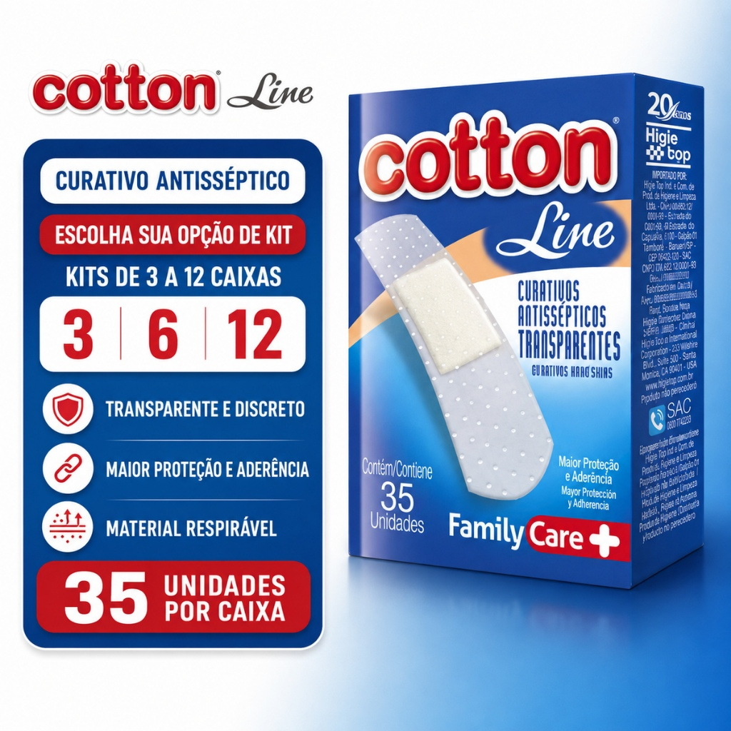 Curativo Antisséptico Cotton Line Dia a Dia Family Care Transparente - Caixa 35 Unidades Kits com 3, 6 ou 12 Caixas