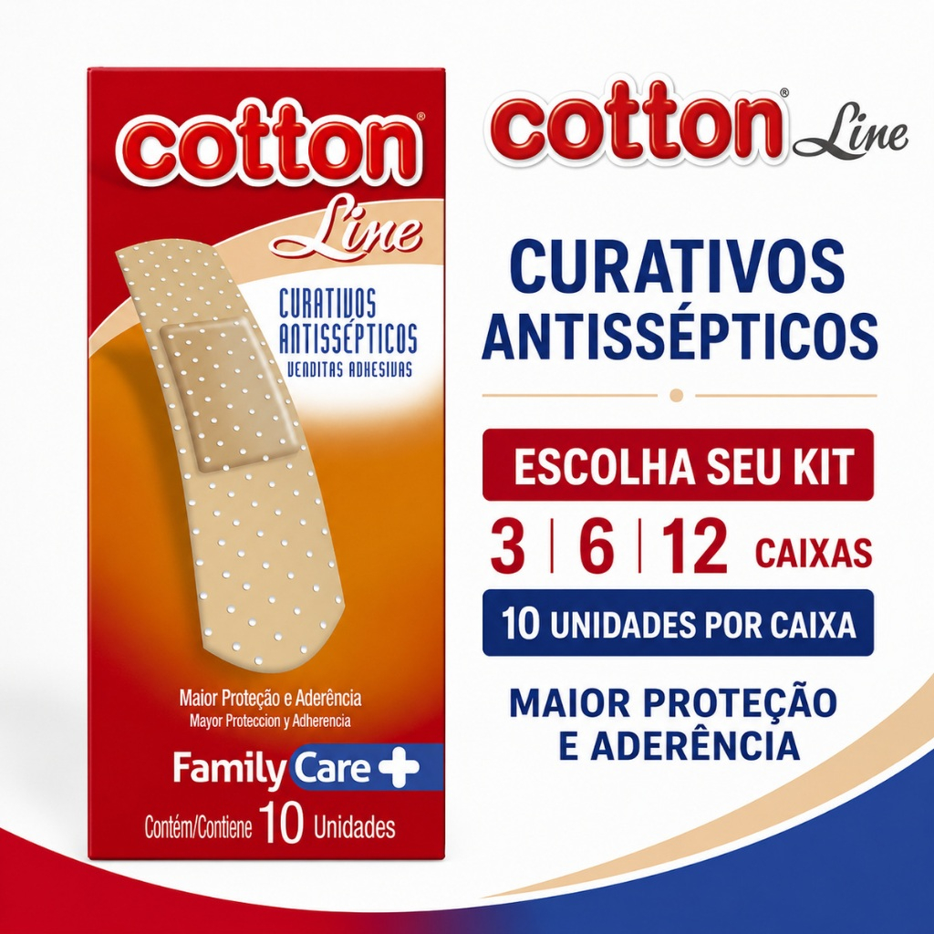 Curativo Antisséptico Cotton Line Dia a Dia Family Care Bege - Caixa 10 Unidades Kits com 3, 6 ou 12 Caixas