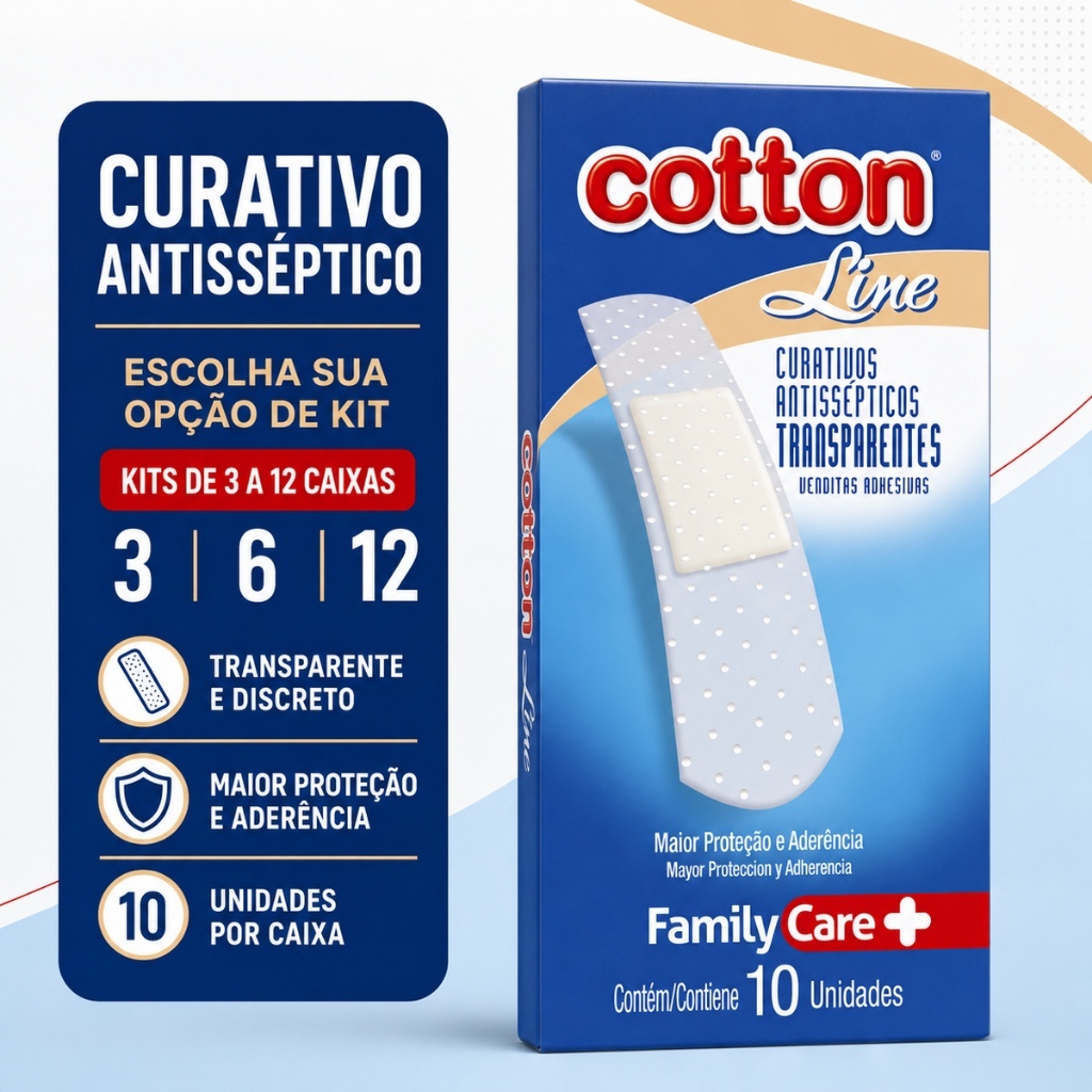 Curativo Antisséptico Cotton Line Dia a Dia Family Care Transparente - Caixa 10 Unidades Kits com 3, 6 ou 12 Caixas