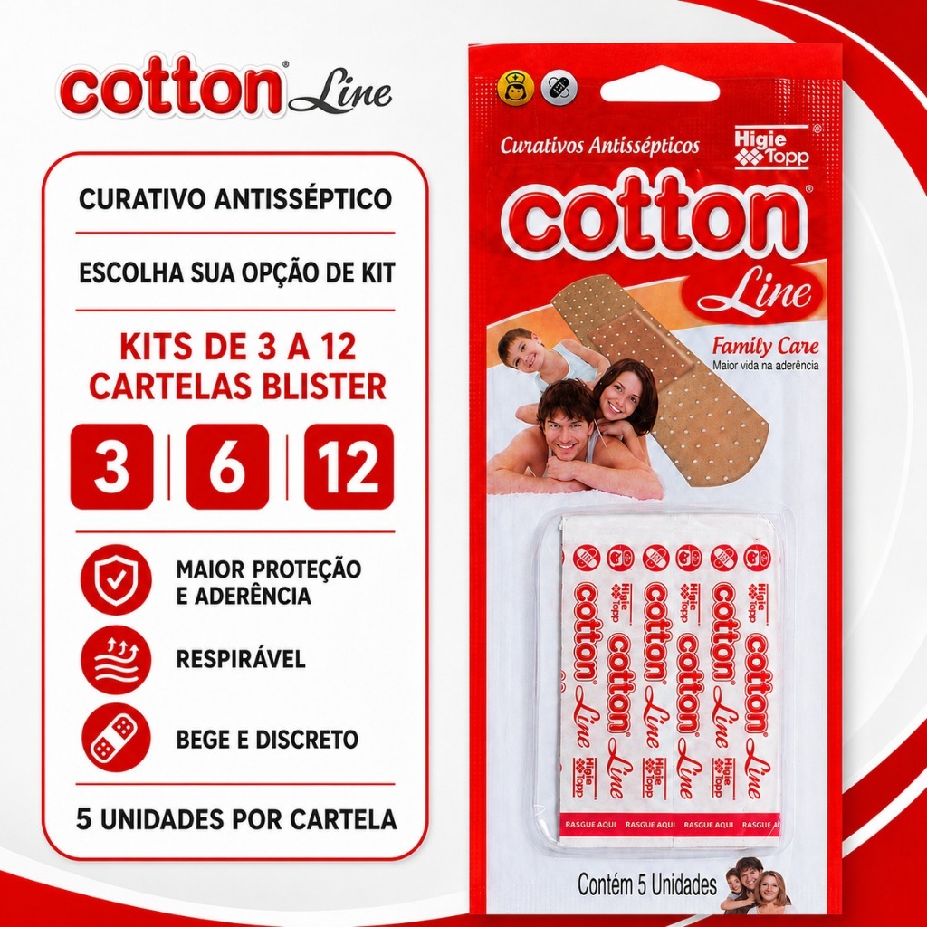 Curativo Antisséptico Cotton Line Dia a Dia Family Care Bege - Blister 5 Unidades Kits com 3, 6 ou 12 Blister