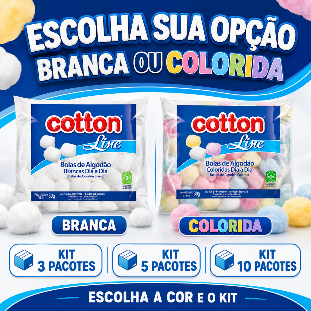 Bolas De Algodão Dia a Dia Cotton Line Brancas ou Coloridas - 30g Kits de 3 - 5 ou 10 Pacotes