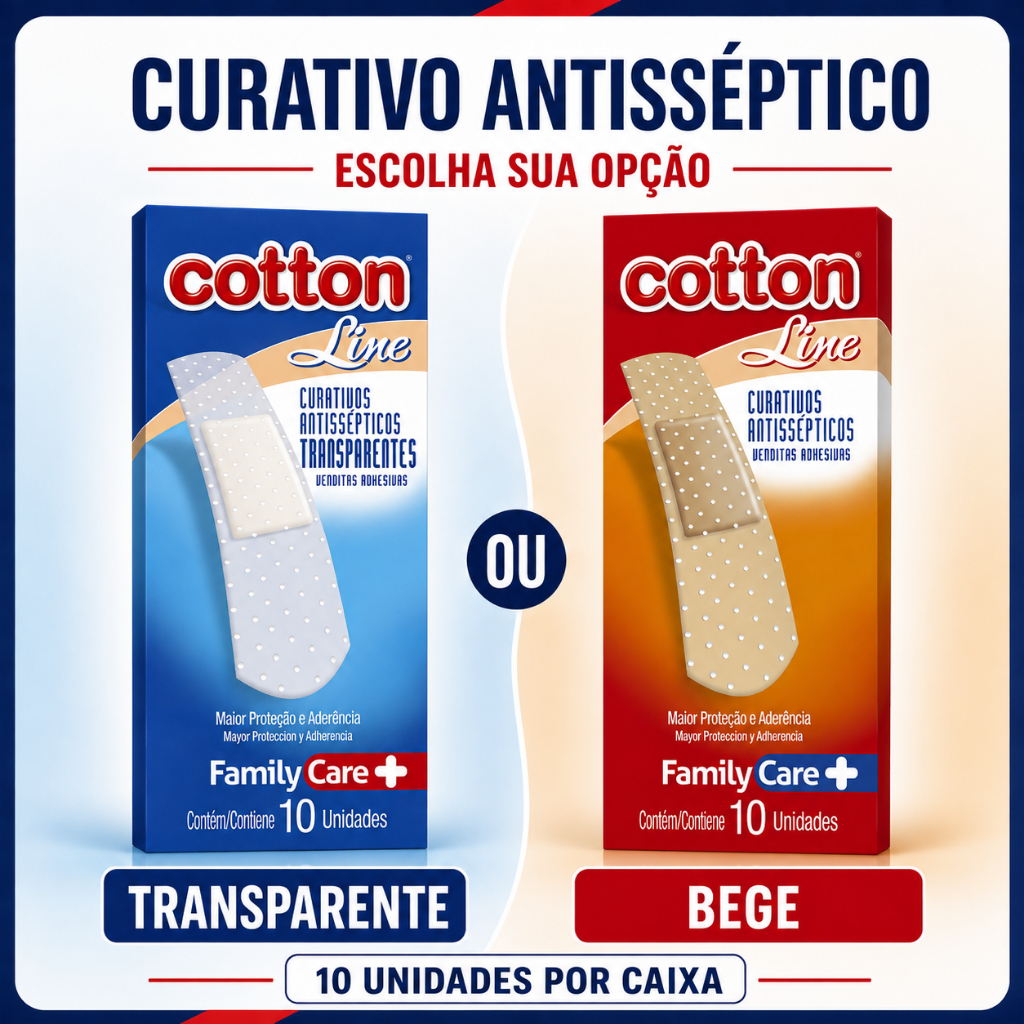 Curativo Antisséptico Cotton Line Dia a Dia Family Care Bege ou Transparente - Caixa 10 Unidades