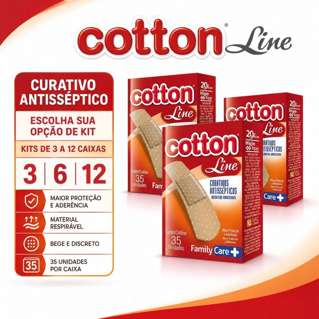 Curativo Antisséptico Cotton Line Dia a Dia Family Care Bege - Caixa 35 Unidades Kits com 3, 6 ou 12 Caixas