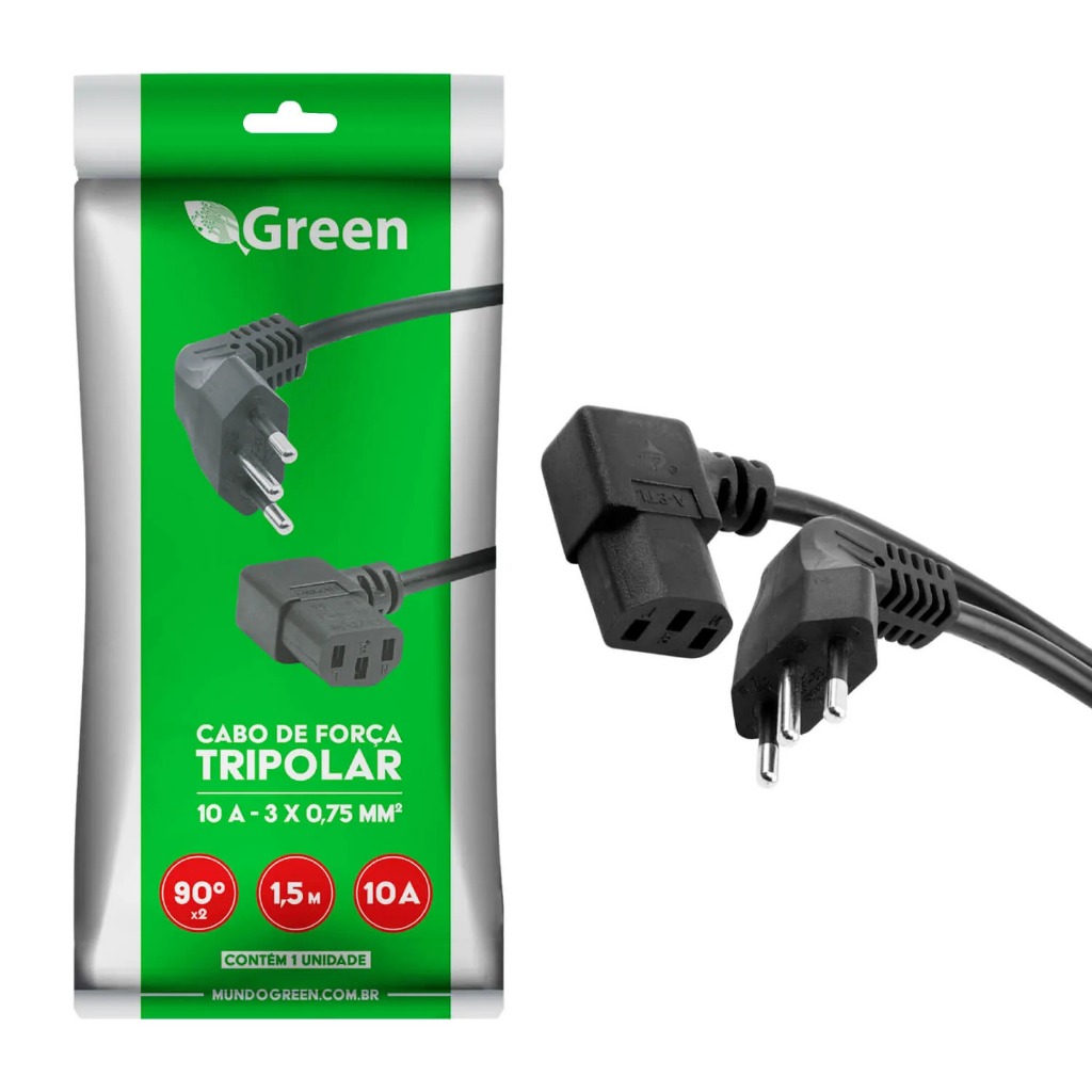 Cabo De Força Tripolar 1,5 Metros Com Plug Macho / Fêmea 90 Graus Green