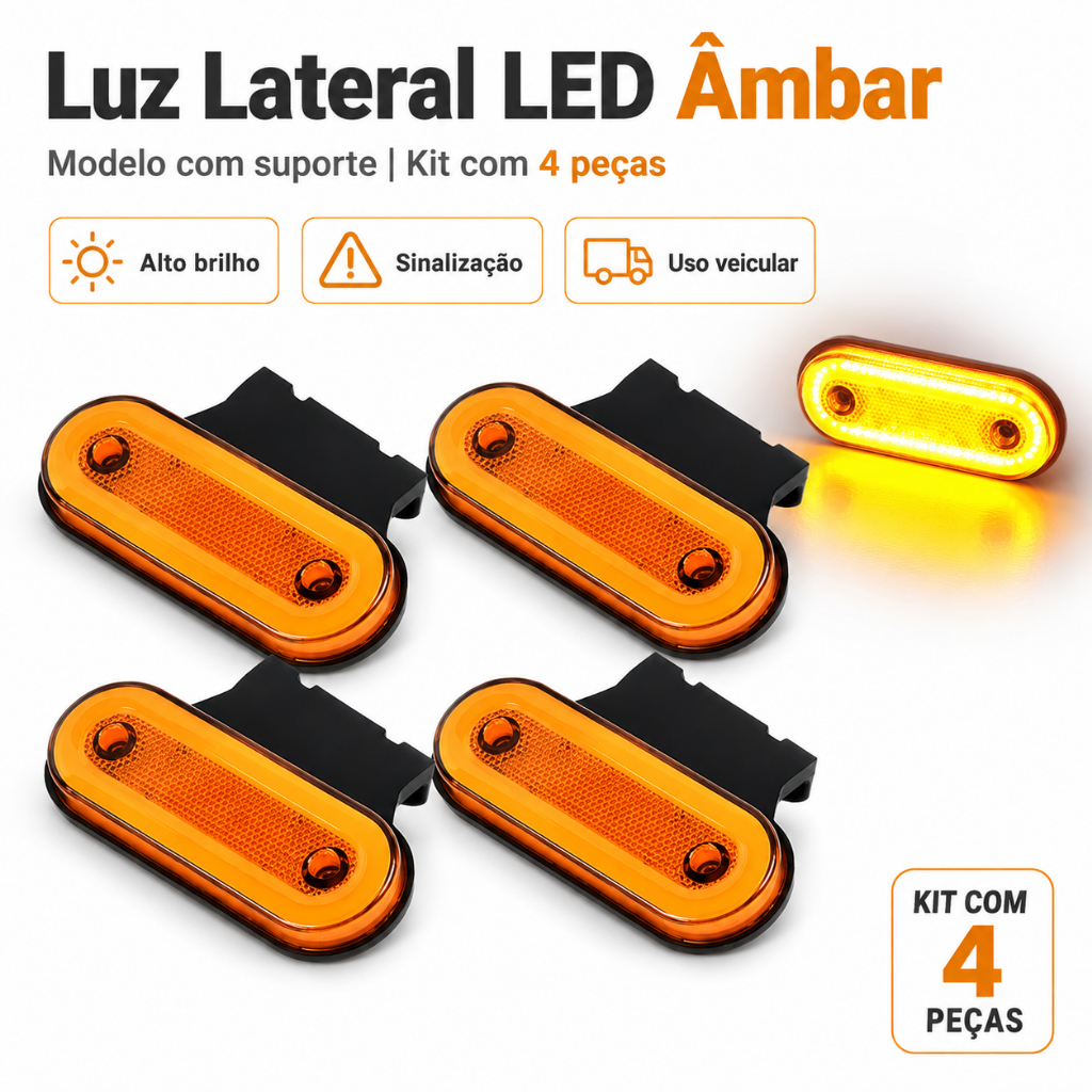 kit 4 lanterna strobo led lateral carreta suporte amarela com suporte bau caminhao carreta