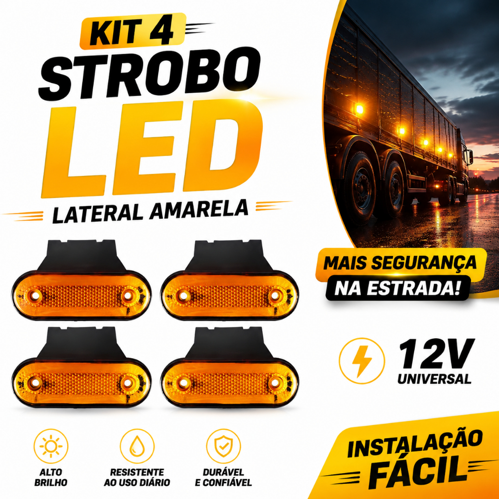 Kit 4 Luz Strobo LED Lateral Amarela com Suporte para Caminhão Carreta Bau Reboque 12V