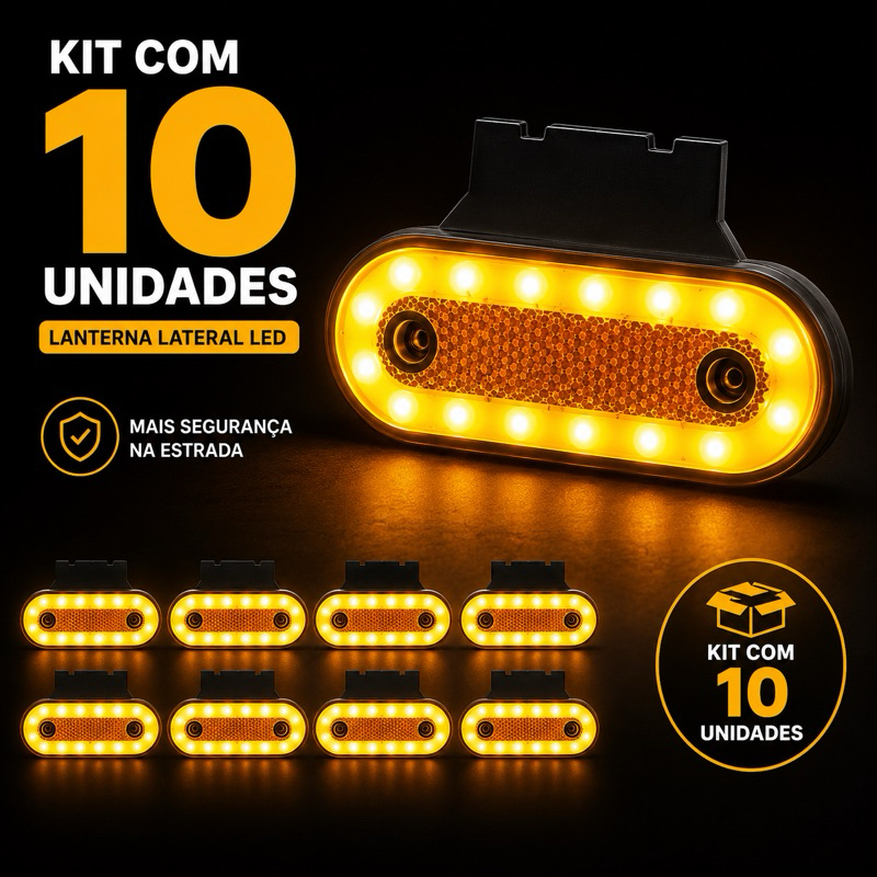 kit 10 Lanterna Strobo Led Lateral Carreta Suporte Amarela Com Suporte Bau Caminhao Carreta