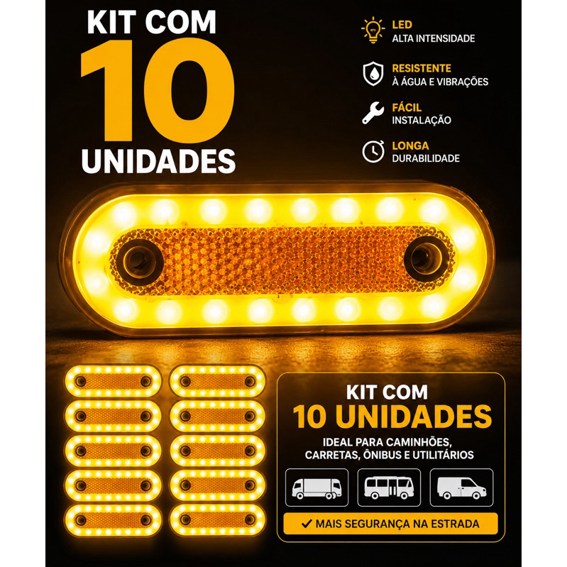 10 Lanternas Strobo Led Lateral Carreta Suporte Amarela Com Suporte Bau Caminhao Carreta