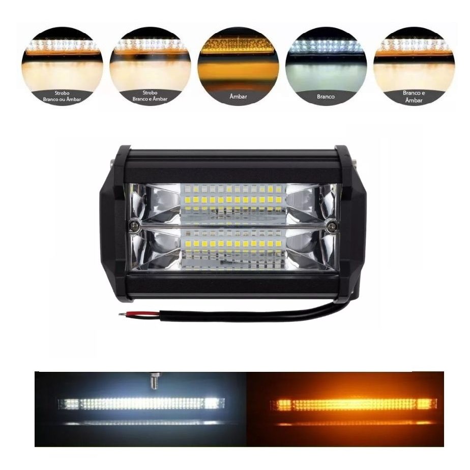 BARRA DE LED 12V-60V 72W 15CM BICOLOR BRANCO LARANJA STROBO CAMINHAO BARCO JEEPE 4X4 TRATOR OFF ROAD