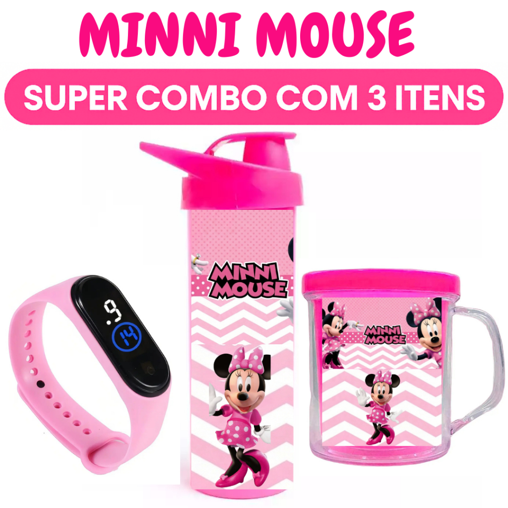 Minnie - Garrafa Copo e Relógio Digital Infantil - Presente Aniversário com Nome da Criança - Full