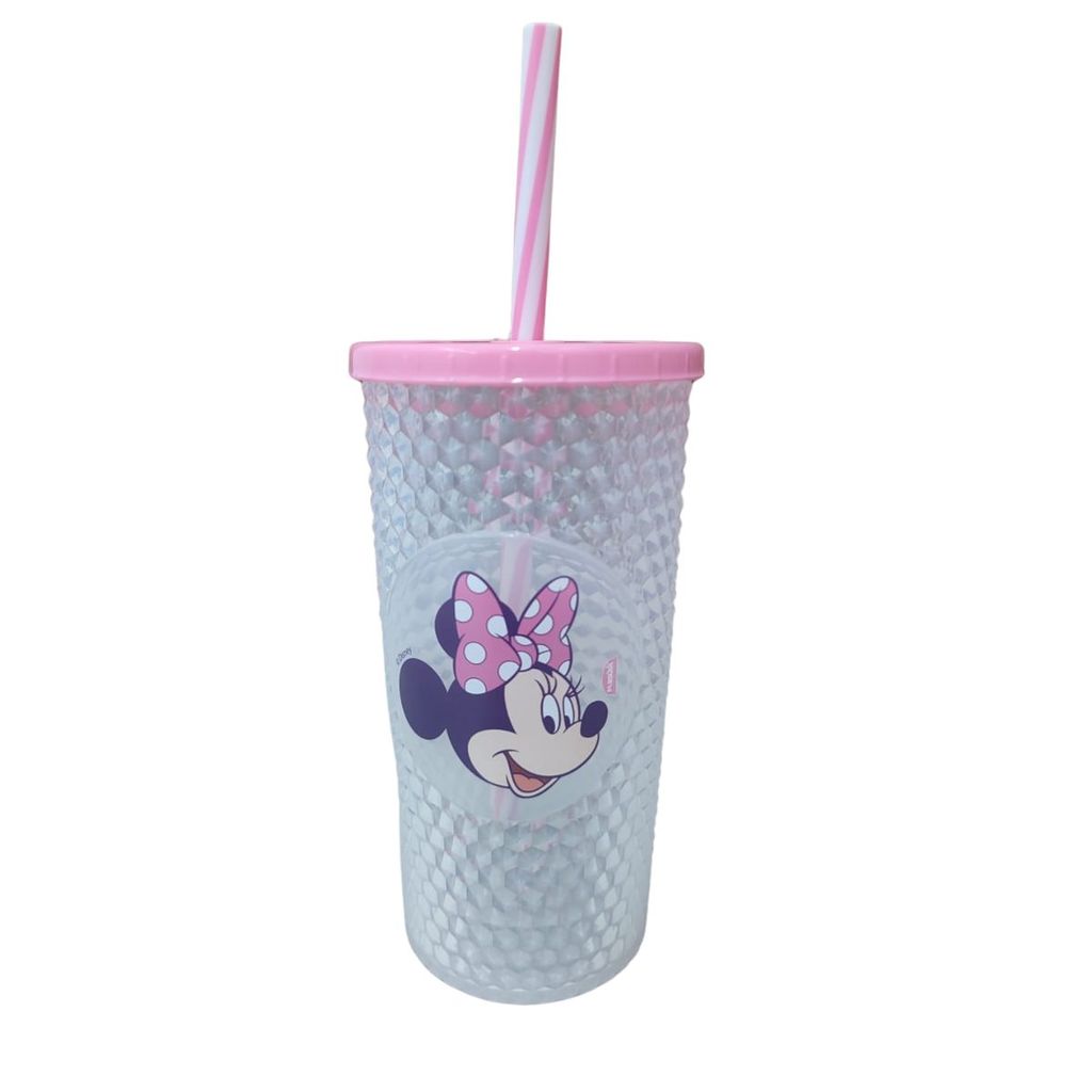Copo Infantil LED Minnie Rosa com Canudo 490ml Plasútil