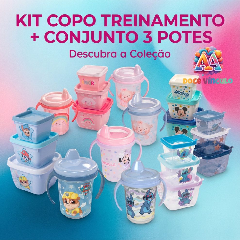 Copo Treinamento Infantil 330ml + Kit 3 Potes Conect BPA Free Minnie Mickey Patrulha Canina