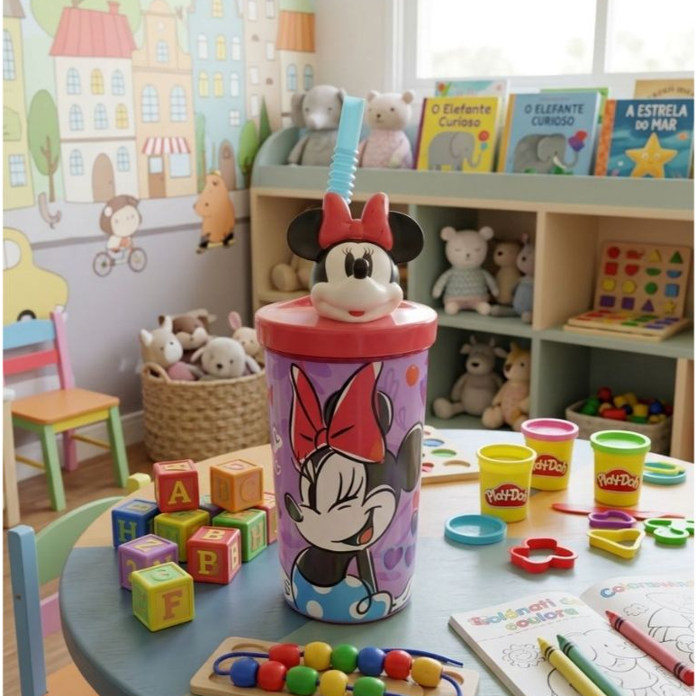 Copo Infantil Minnie Mouse 3d Com Tampa Canudo flexivel 360ml Livre BPA