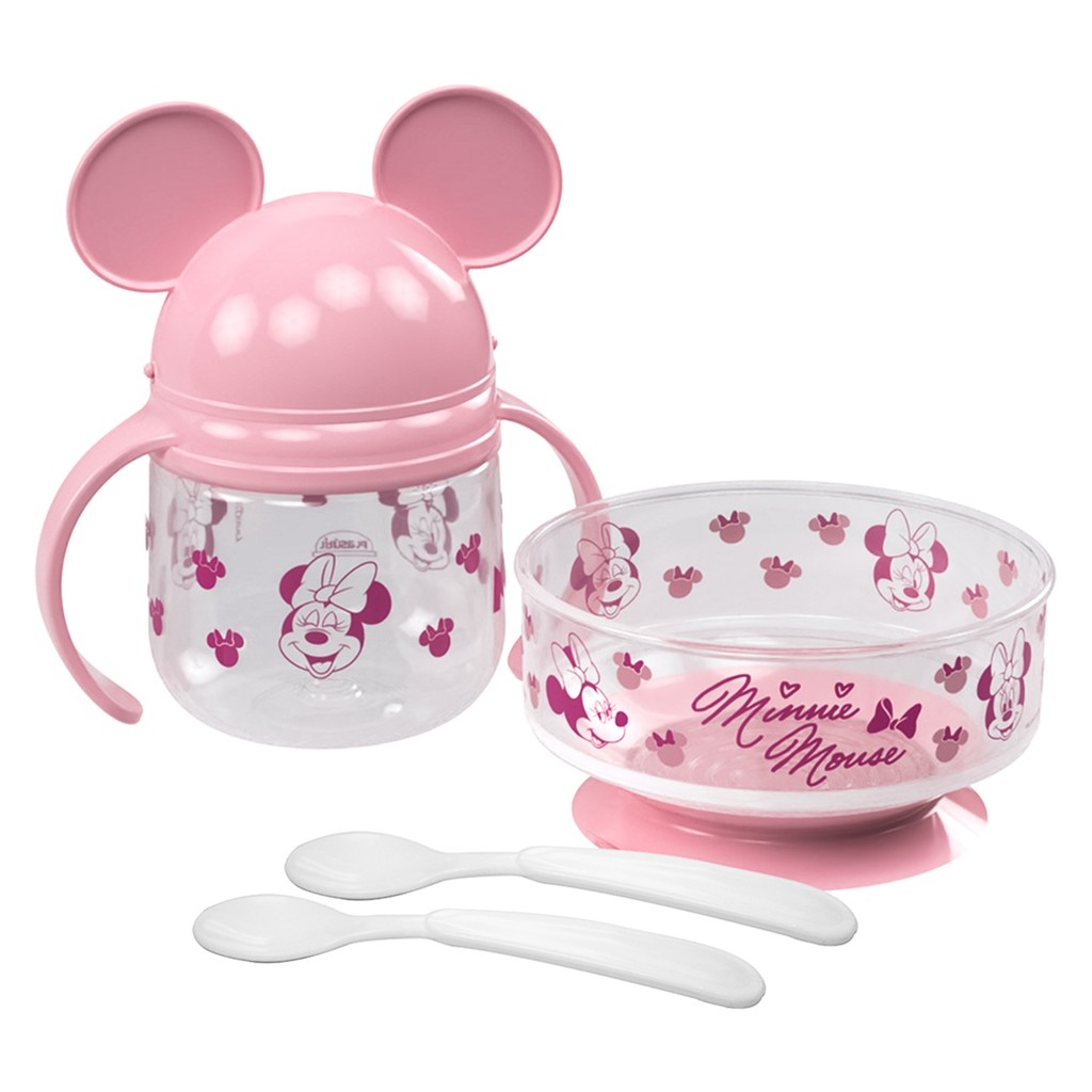 Kit Refeição Bebê Minnie Mouse Tigela Copo Shake 260ml Talher Infantil BPA Free Disney - Plasútil