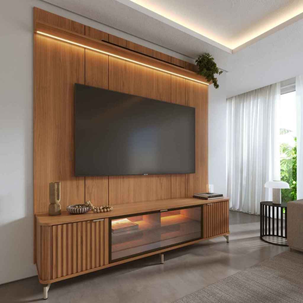 Rack com Painel para TV até 85 Polegadas 3 Portas Vidro Reflecta 100% MDF com Led Neon Float 215cm