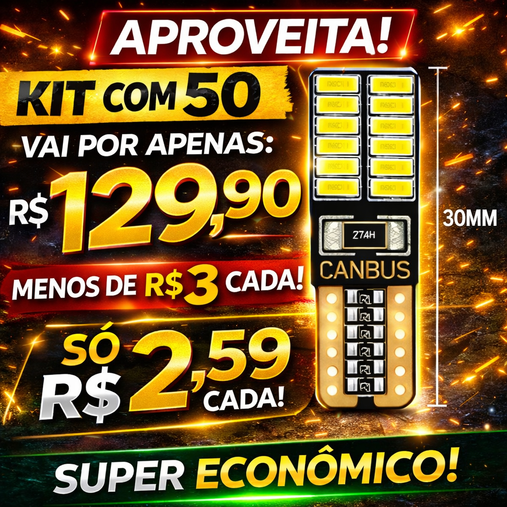 Kit 50 Lâmpadas T10 W5W Canbus 24 LEDs Super Branca 6000K Pingo Sem Erro Painel Teto Placa Porta Mala Farolete Lanterna