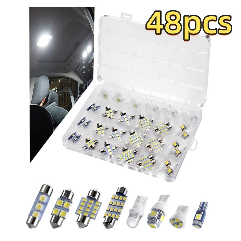 Kit de Luz Interna LED para Carro 48pçs Lâmpadas T10 e Torpedo Universal Para Teto Painel Placa e Porta Malas 12V
