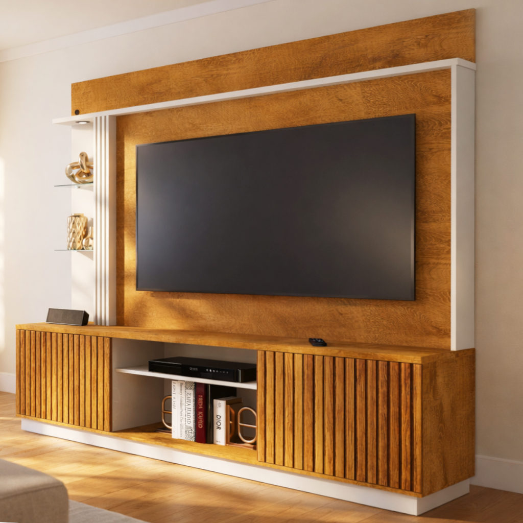 Rack De Tv Com Painel 2 Portas Led Prateleira De Vidro Parla Cor Amadeirado / Off White